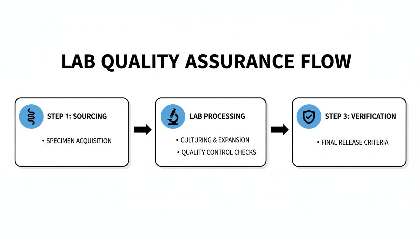 A lab quality assurance flow chart detailing sourcing, processing (culturing, expansion, quality checks), and final verification criteria.