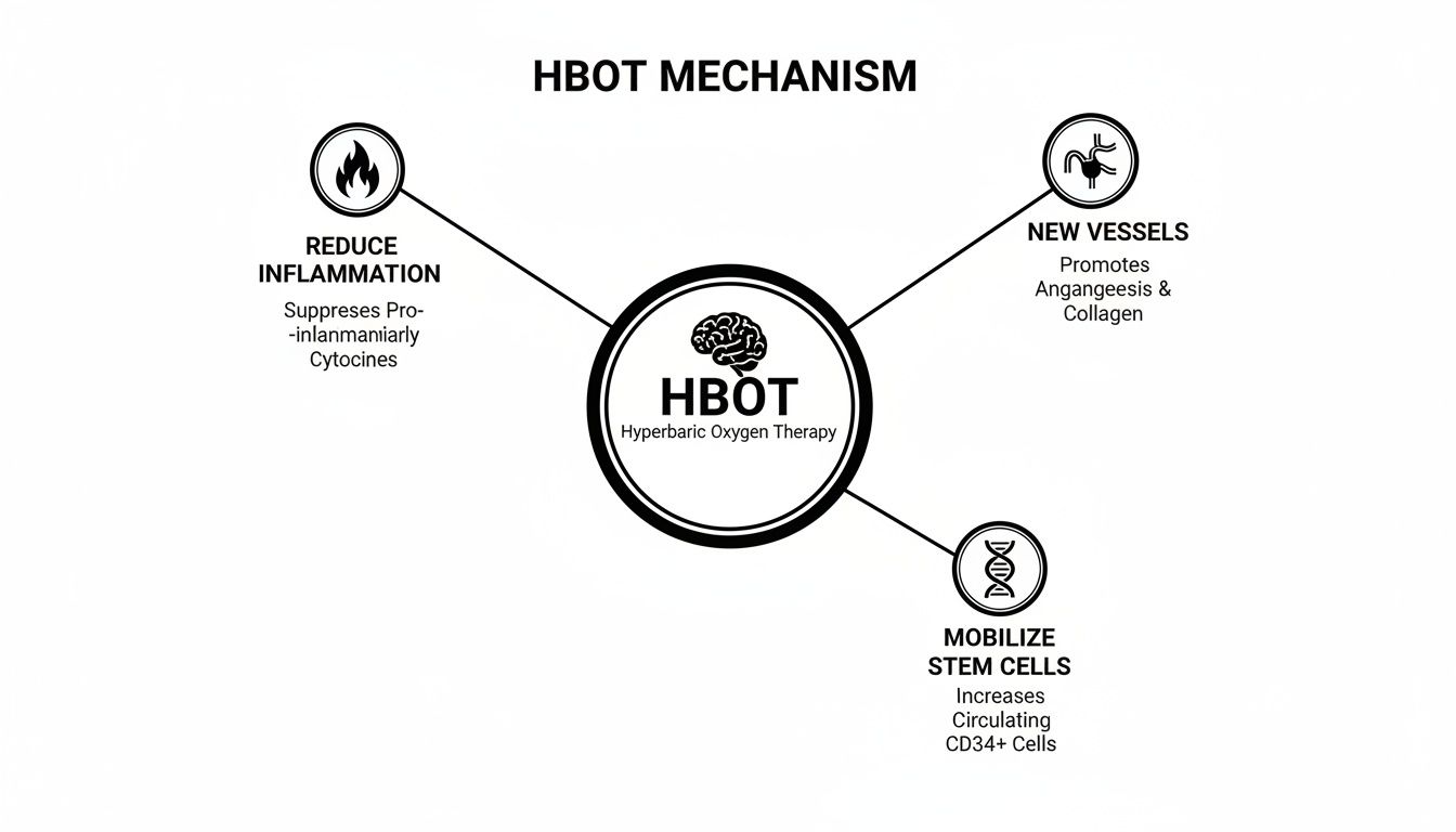 Diagram illustrating the mechanism of Hyperbaric Oxygen Therapy (HBOT) with its three key benefits.