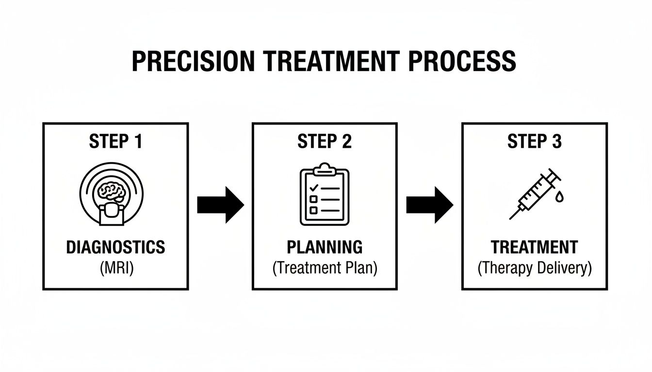 Diagram illustrating the three steps of a precision treatment process: diagnostics, planning, and treatment.