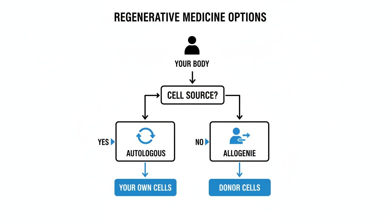 Flowchart illustrating regenerative medicine options based on cell source: autologous (your own cells) or allogeneic (donor cells).