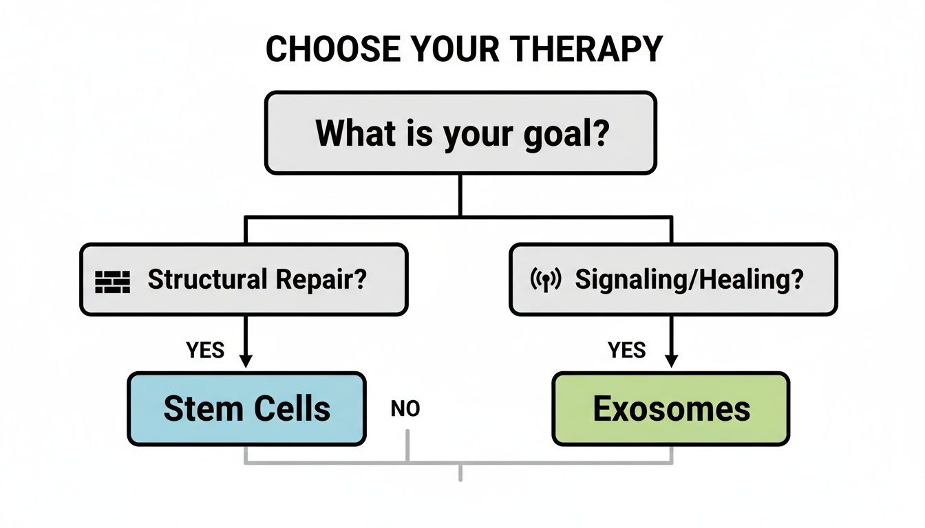 Flowchart illustrating therapy choice: Stem Cells for structural repair, Exosomes for signaling and healing.