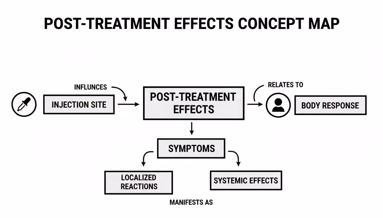 Concept map illustrating post-treatment effects, showing injection site influences and resulting symptoms like localized and systemic reactions.