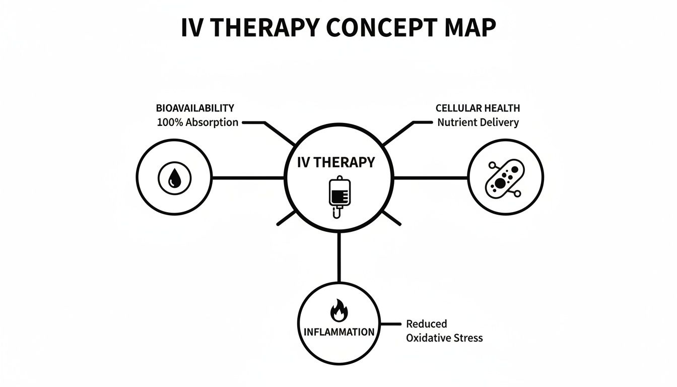 A concept map illustrating the benefits of IV therapy including bioavailability, cellular health, and reduced inflammation.