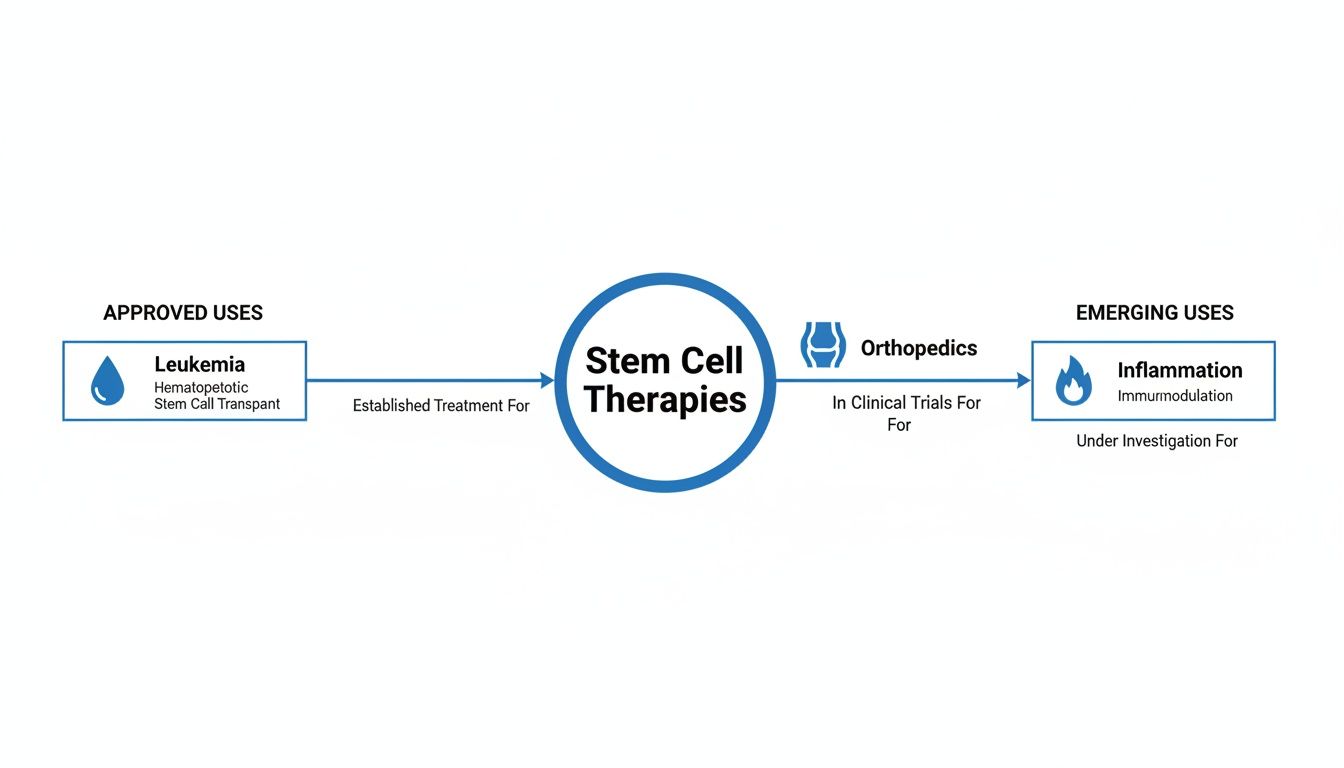 Diagram illustrating approved and emerging uses of stem cell therapies for various medical conditions.