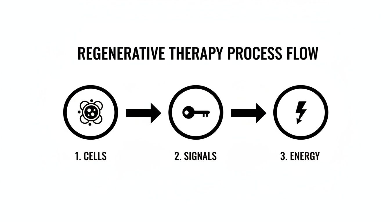 A flow diagram illustrating regenerative therapy process steps: cells, signals, and energy.
