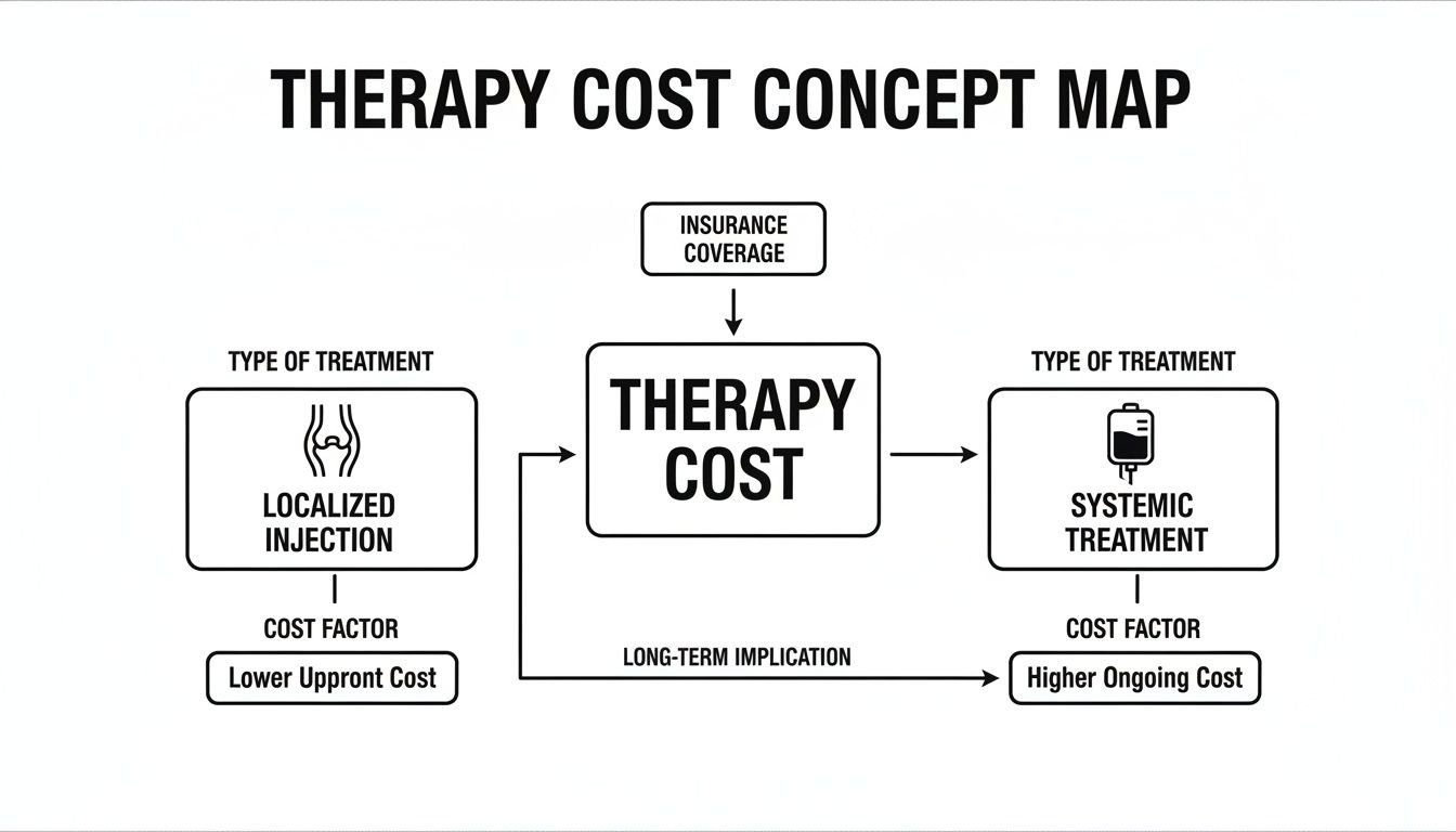 Concept map illustrating therapy costs, differentiating localized injections and systemic treatments, and their cost factors.