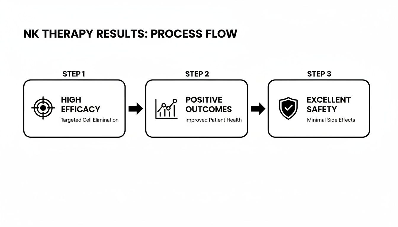 A process flow diagram detailing NK therapy results, highlighting high efficacy, positive outcomes, and excellent safety.