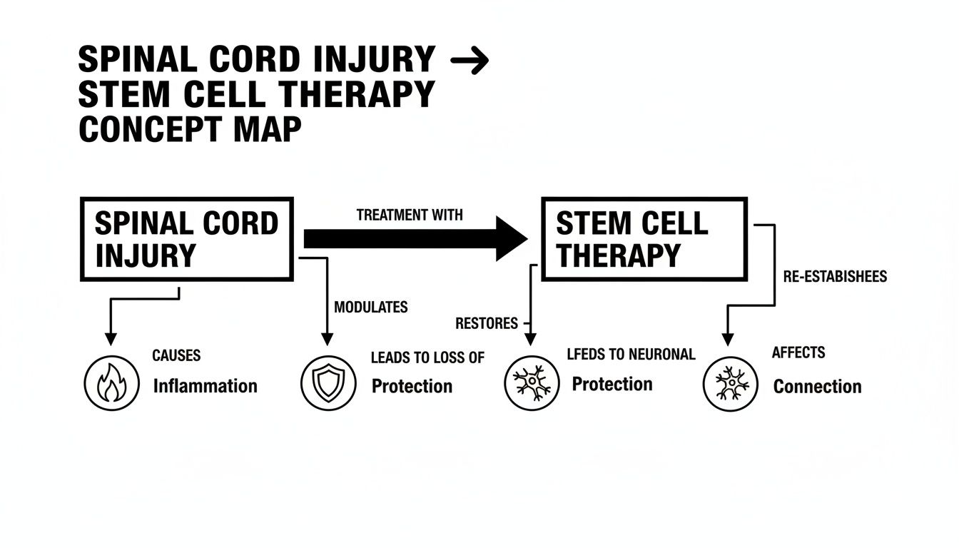 Concept map illustrating spinal cord injury effects and the benefits of stem cell therapy in protection and connection.