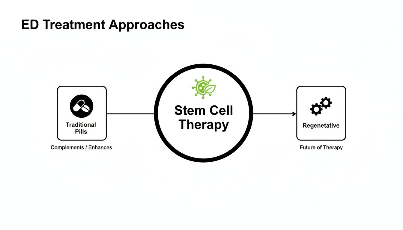 A diagram illustrating ED treatment approaches, showing traditional pills complementing stem cell therapy, which leads to regenerative future therapy.