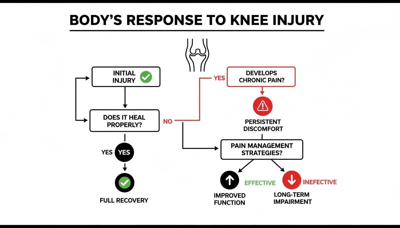 Flowchart illustrating the body's response to a knee injury, detailing paths to recovery or impairment.