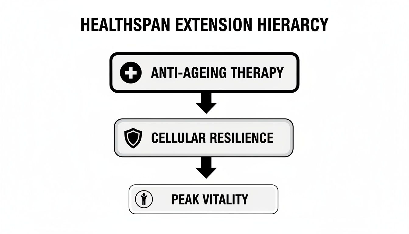 Hierarchy diagram showing healthspan extension from anti-ageing therapy through cellular resilience to peak vitality.