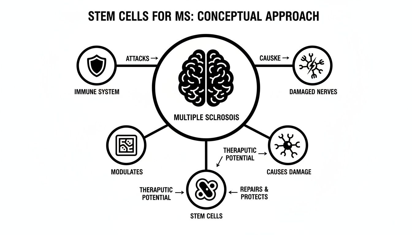 Diagram illustrating stem cells as a therapeutic approach for Multiple Sclerosis, showing their role in repair and protection.