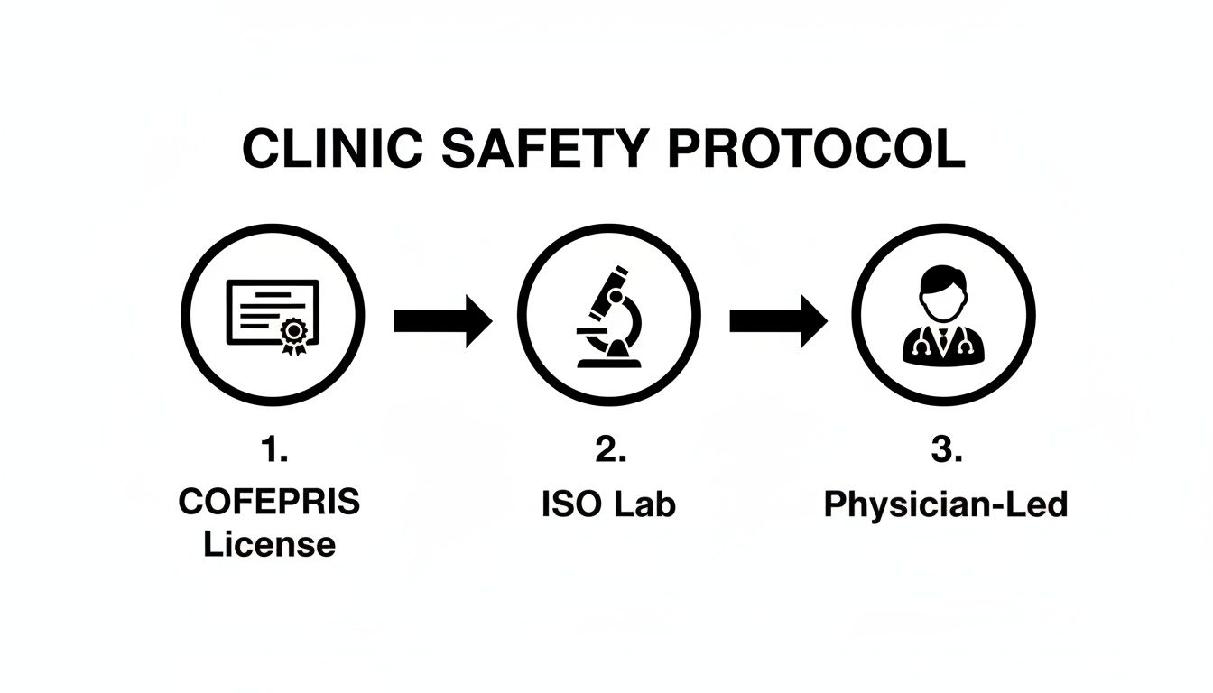 Infographic illustrating a clinic safety protocol with three steps: COFEPRIS License, ISO Lab, and Physician-Led.
