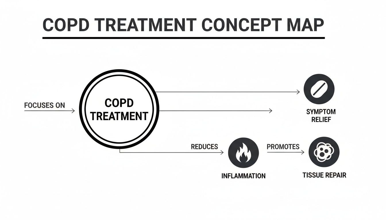 A concept map illustrating COPD treatment pathways: symptom relief, inflammation reduction, and tissue repair.