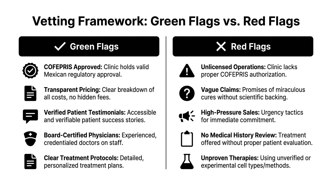 A Vetting Framework chart comparing Green Flags of reliable clinics and Red Flags of questionable medical providers.