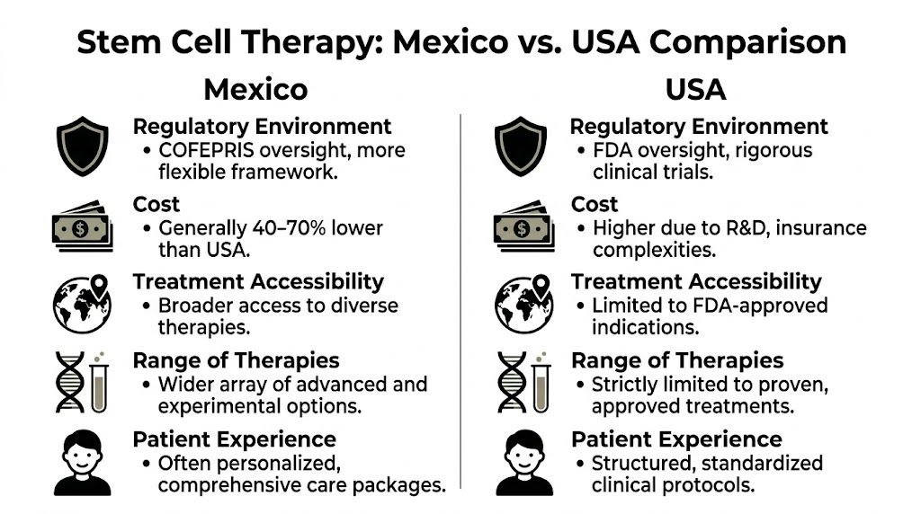 A comparison infographic showing differences in regulation, cost, and access between stem cell therapy in Mexico and the USA.