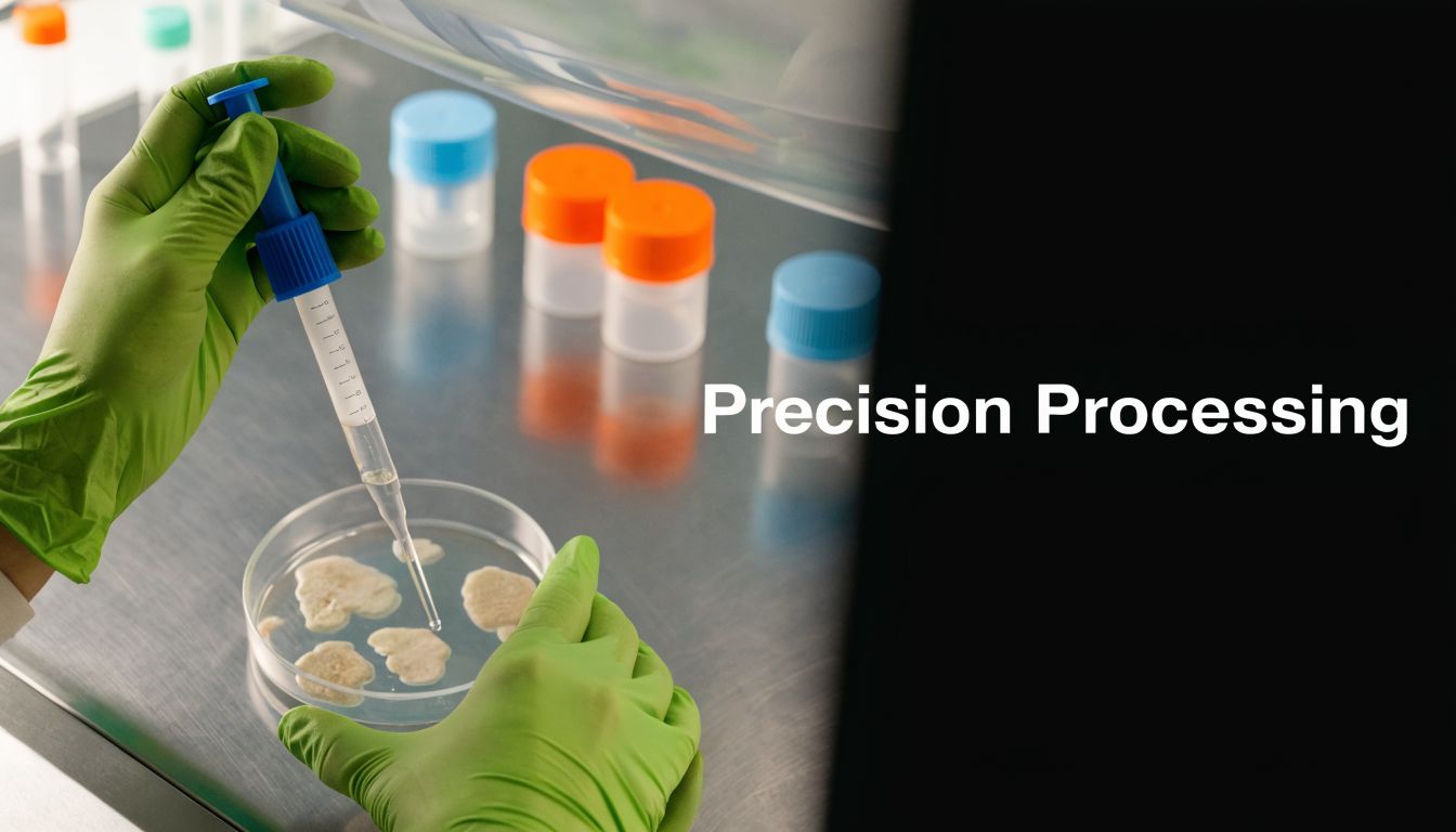 A laboratory scientist wearing green gloves uses a pipette to process biological samples in a petri dish.