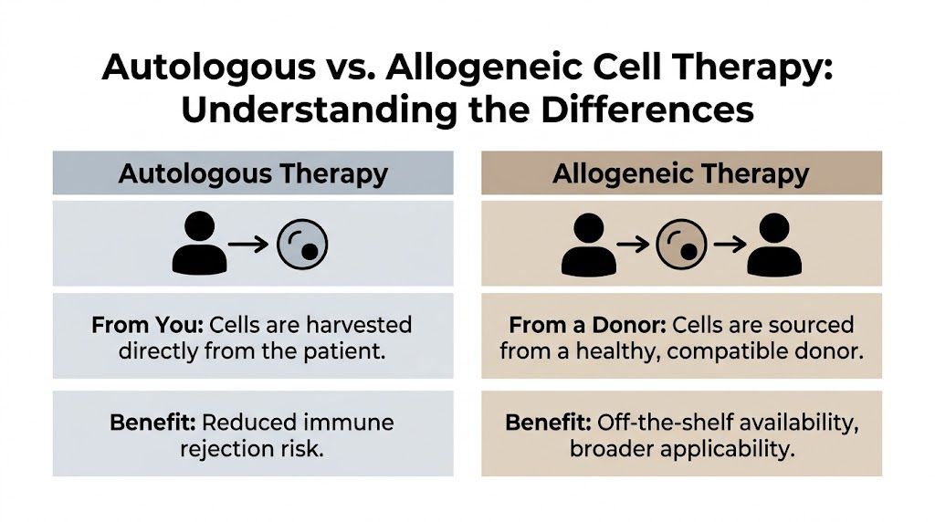 A comparison chart explaining the key differences between autologous and allogeneic cell therapy treatments.