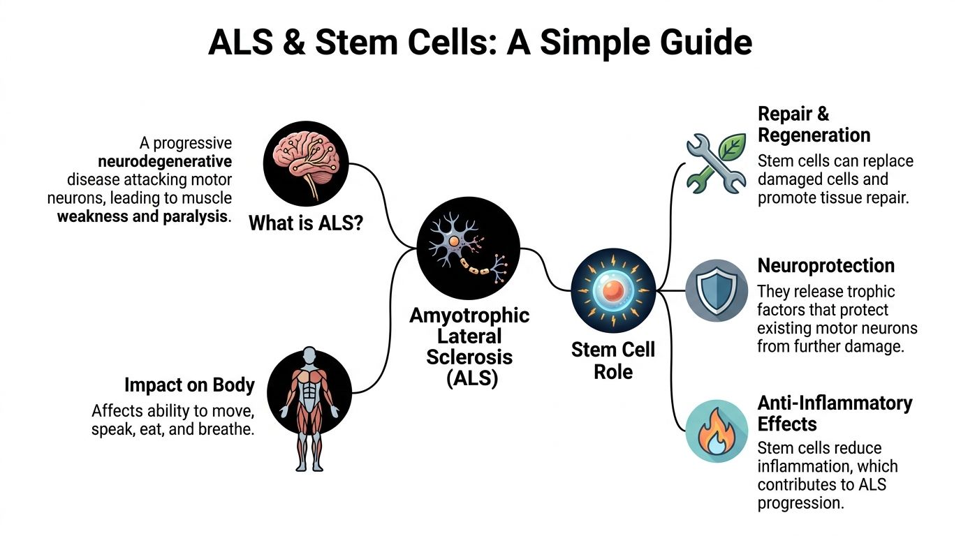 An infographic explaining the role of stem cell therapy as a potential treatment for Amyotrophic Lateral Sclerosis.