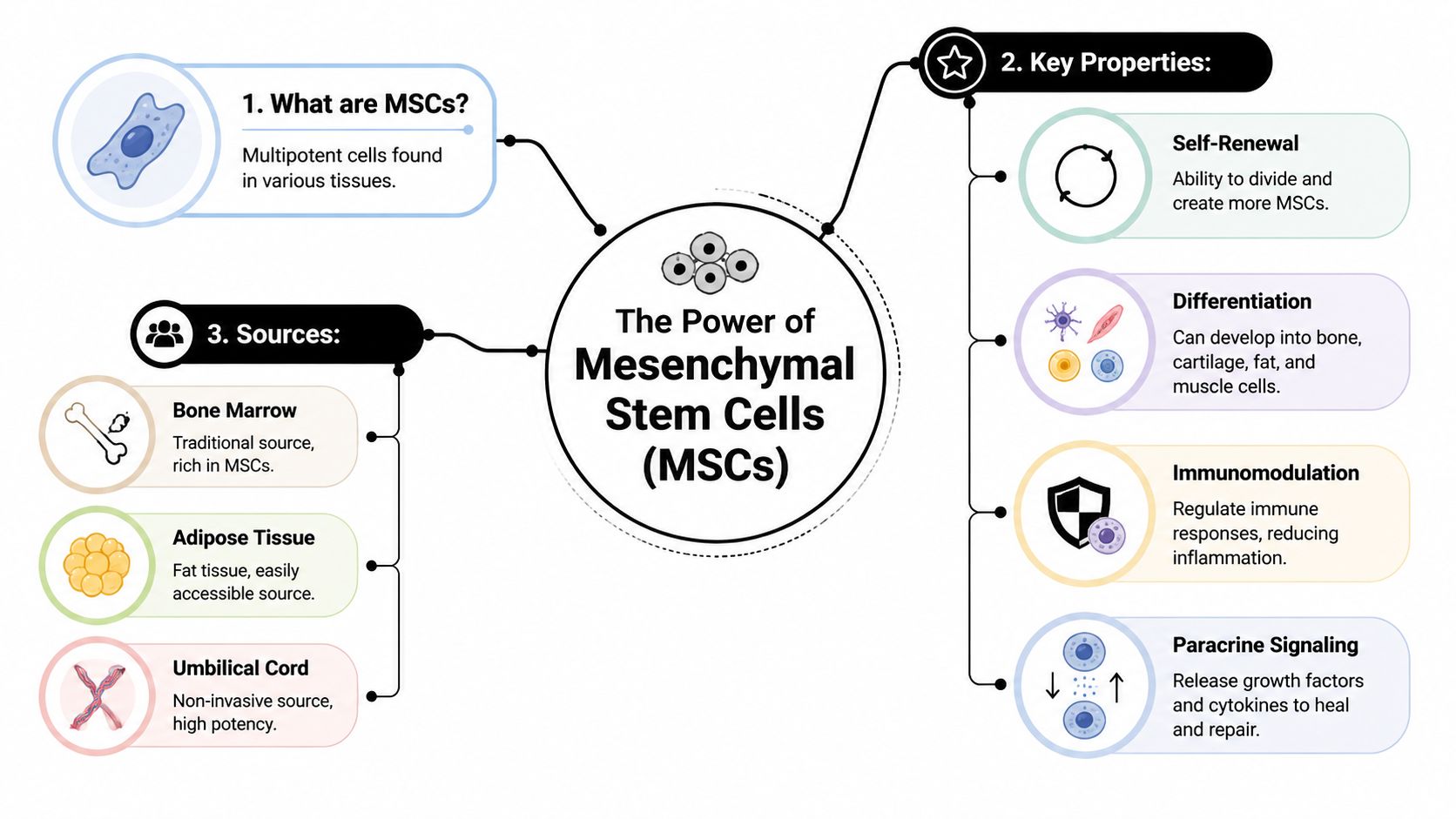 A mind map infographic illustrating the key properties and primary sources of mesenchymal stem cells, or MSCs.