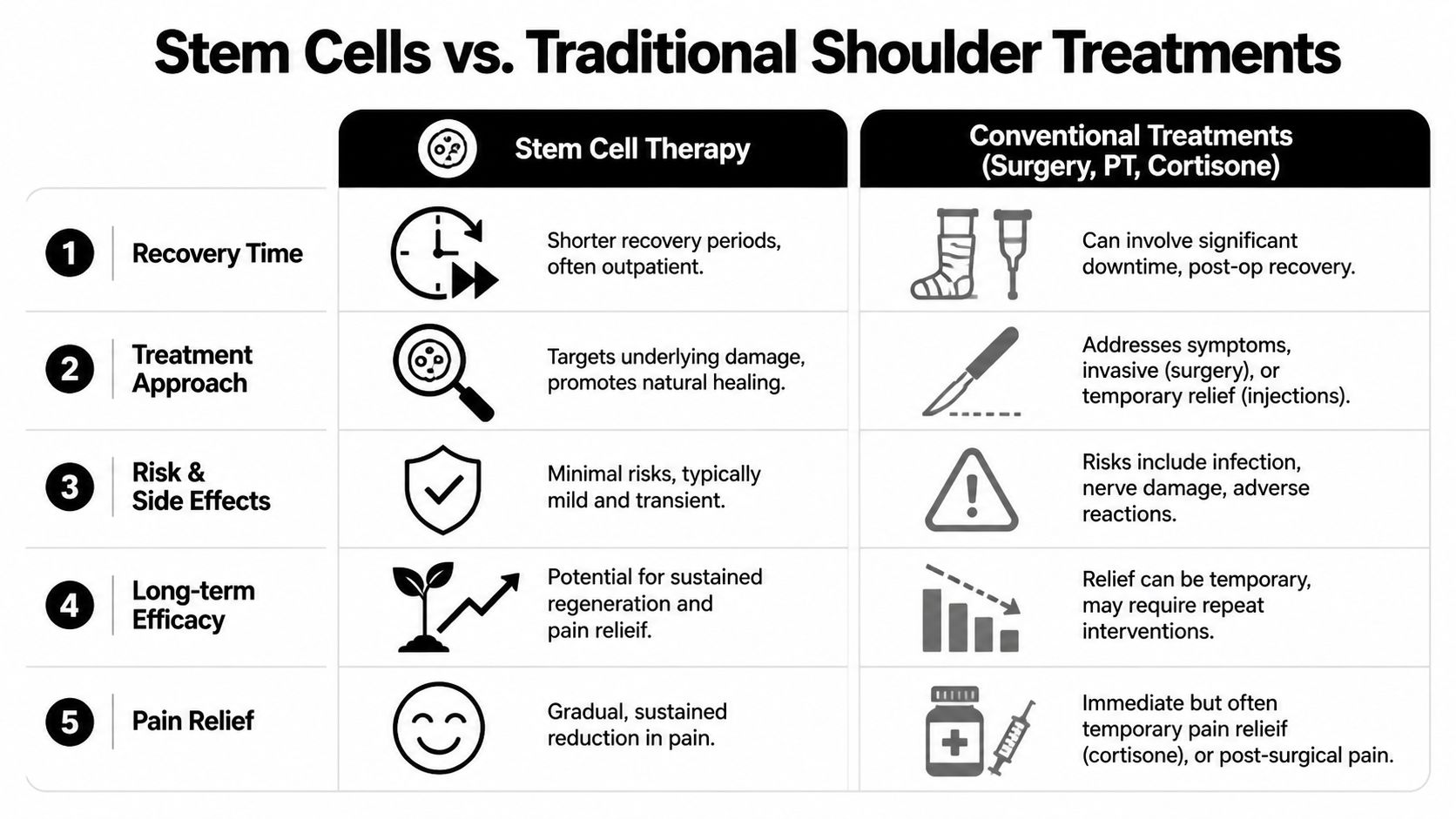 A comparison chart showing the differences between stem cell therapy and conventional shoulder treatments like surgery.