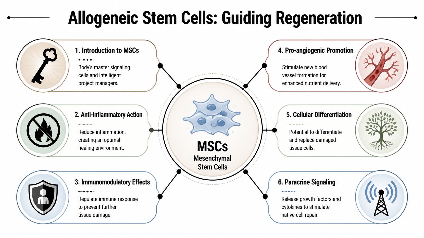 An infographic detailing the six therapeutic roles and biological mechanisms of mesenchymal stem cells in tissue regeneration.