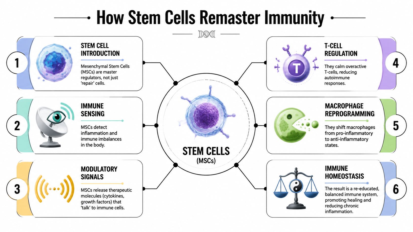 A diagram illustrating the six-step process of how mesenchymal stem cells regulate and remaster the human immune system.