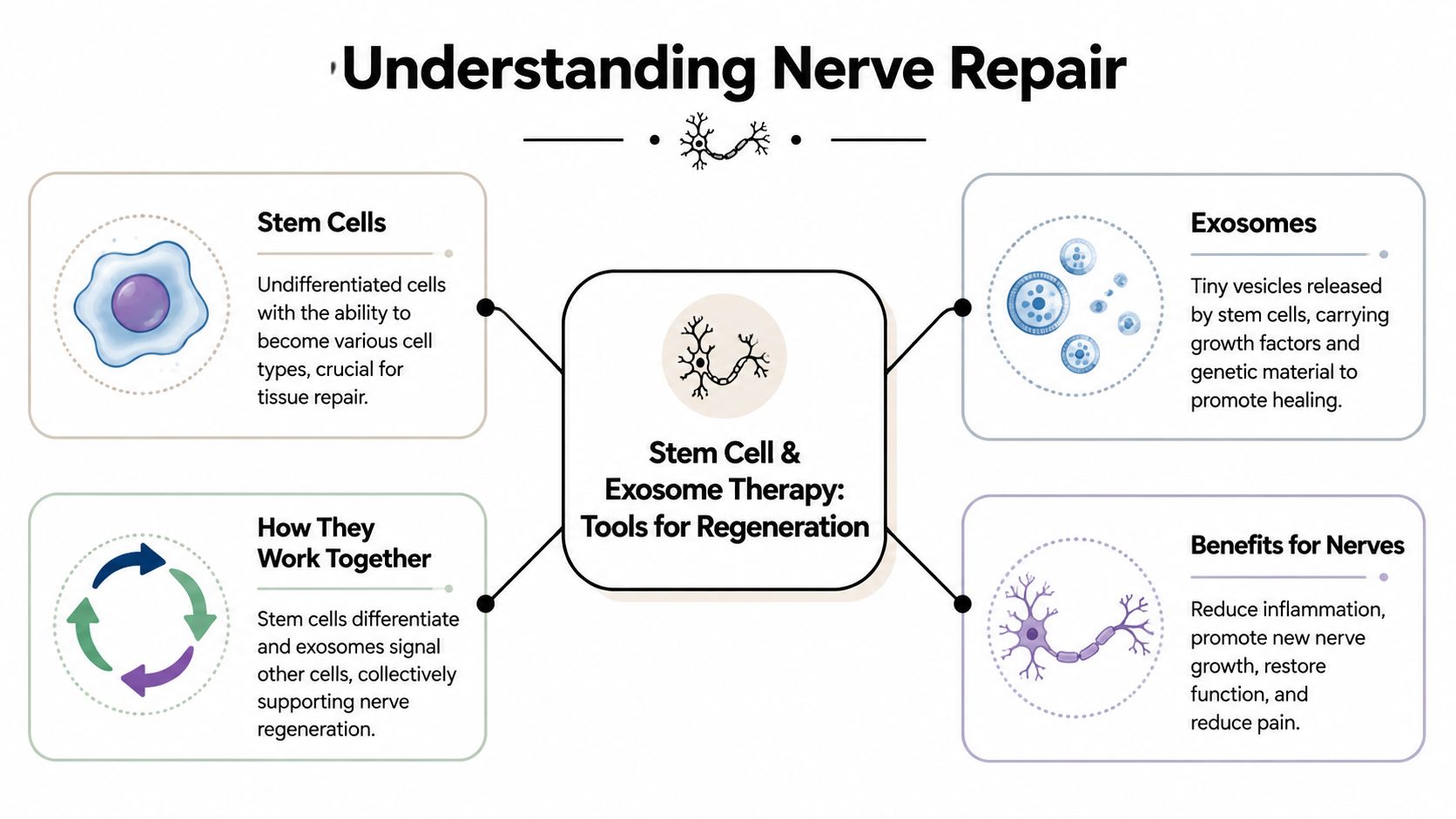 An infographic titled Understanding Nerve Repair showing stem cells and exosomes as tools for nerve regeneration.