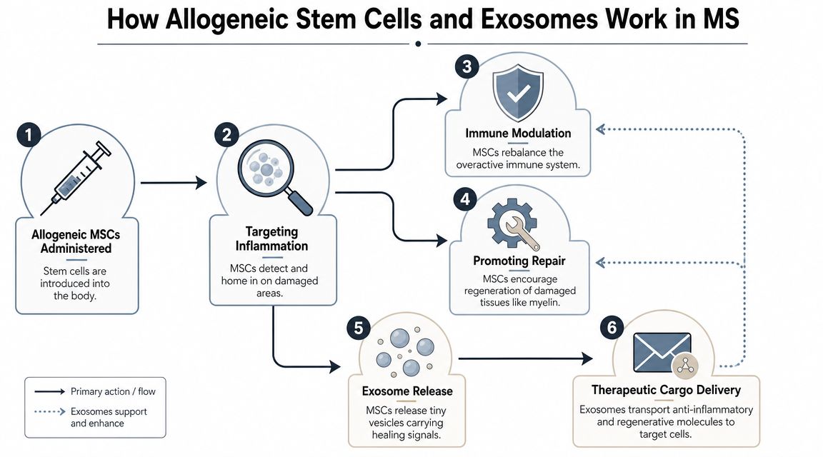 A diagram illustrating how allogeneic stem cells and exosomes are used to treat multiple sclerosis.