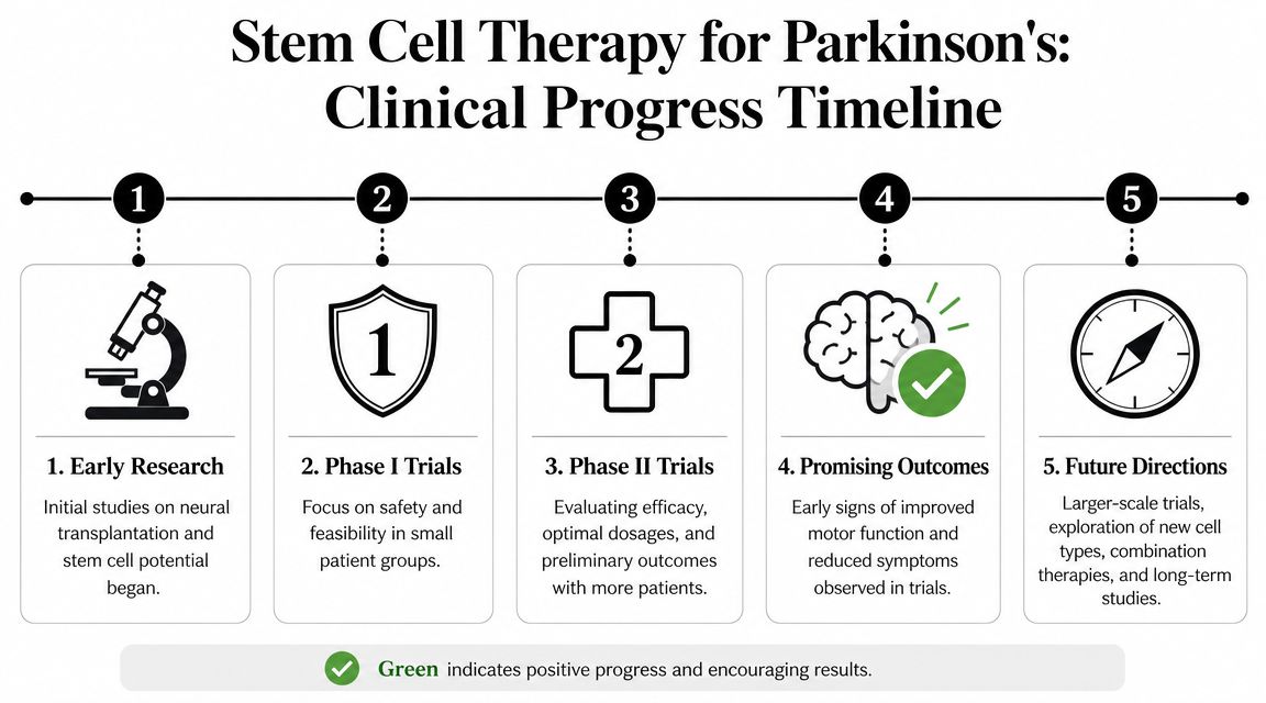 A timeline diagram illustrating the five clinical stages of stem cell therapy development for treating Parkinson's disease.