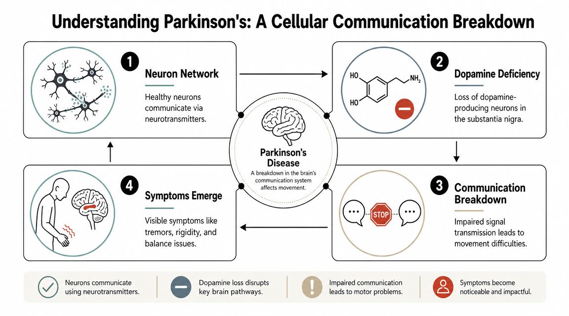A diagram illustrating how Parkinson's disease causes a cellular communication breakdown in the brain, leading to motor symptoms.