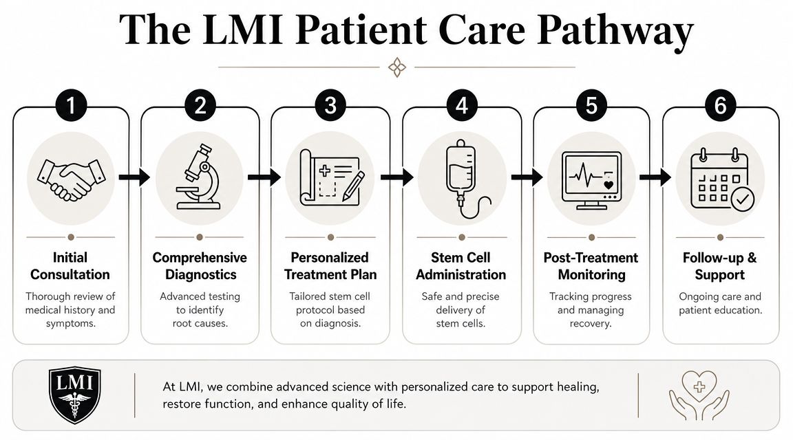 A flowchart showing the six-step LMI patient care pathway for stem cell therapy and medical treatment.