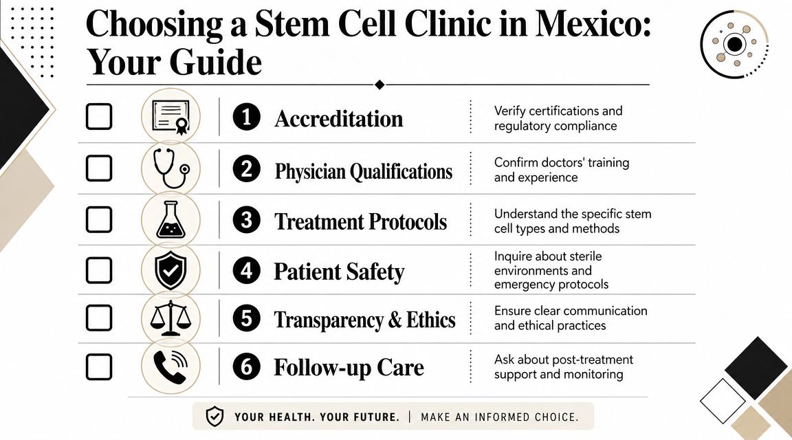 A checklist infographic titled Choosing a Stem Cell Clinic in Mexico offering six steps for patients.