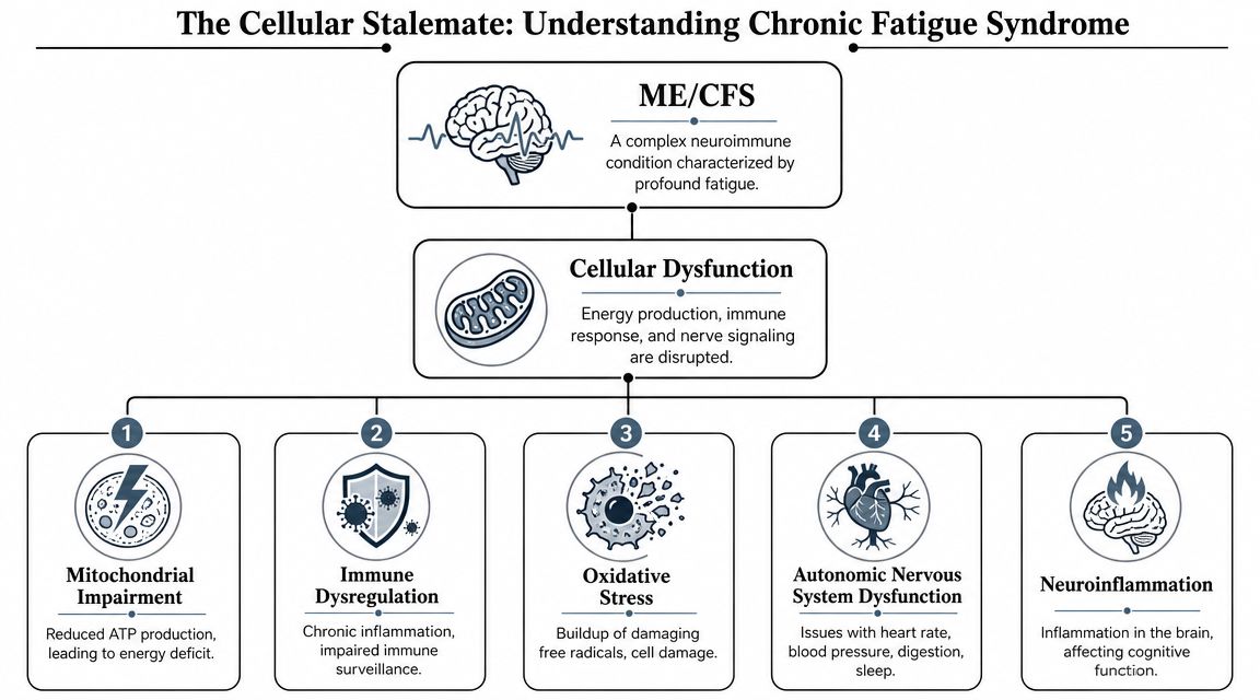 An infographic titled The Cellular Stalemate illustrating five causes of chronic fatigue syndrome, including mitochondrial and neurological dysfunction.