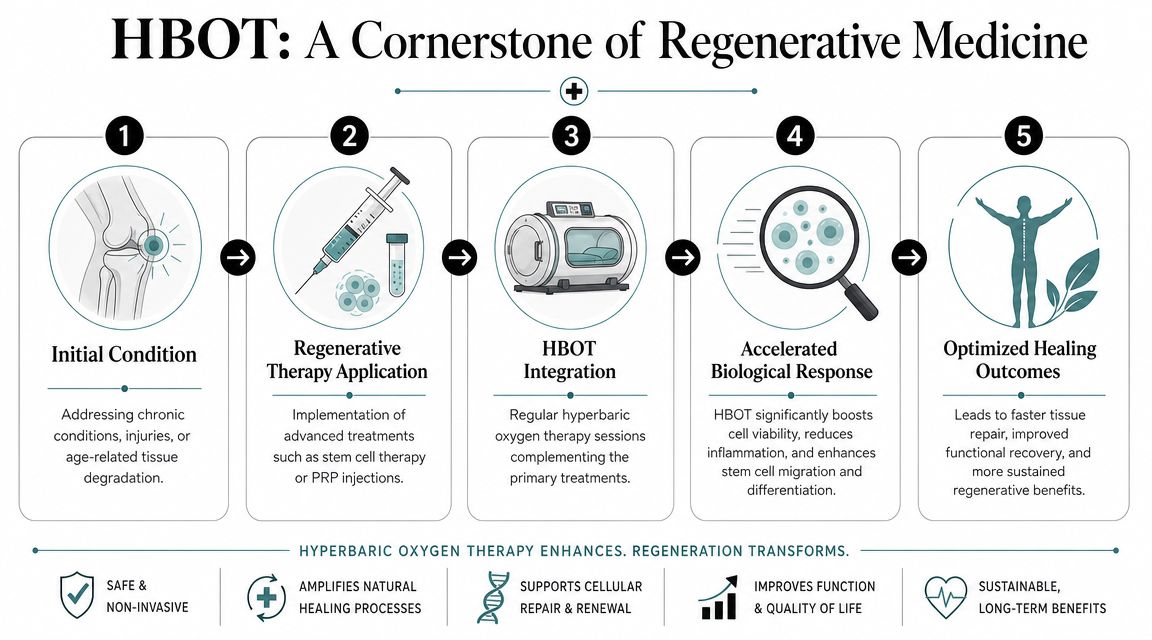 An infographic illustrating the five-step process of using hyperbaric oxygen therapy for regenerative medical healing.