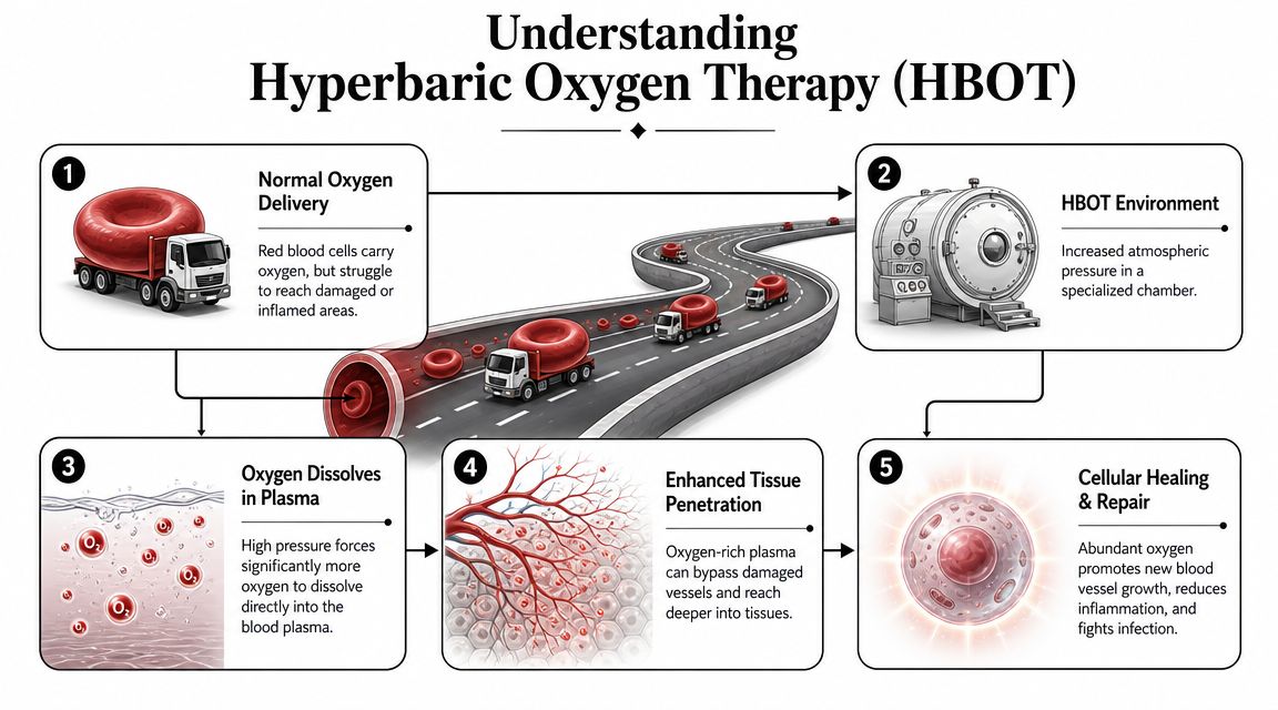 An infographic showing the five steps of hyperbaric oxygen therapy and how it promotes cellular healing.