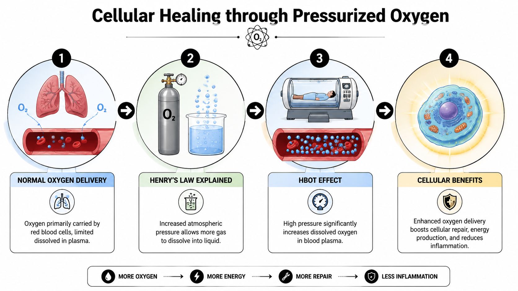 An infographic showing the four stages of cellular healing through hyperbaric oxygen therapy and pressurized oxygen delivery.