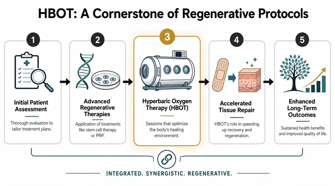 A diagram illustrating a five-step regenerative protocol featuring Hyperbaric Oxygen Therapy as a central treatment component.