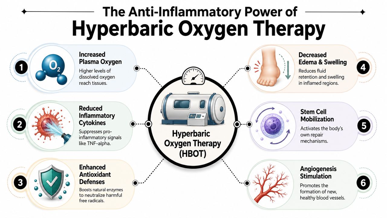 A diagram illustrating six benefits of hyperbaric oxygen therapy for reducing inflammation and promoting bodily healing.