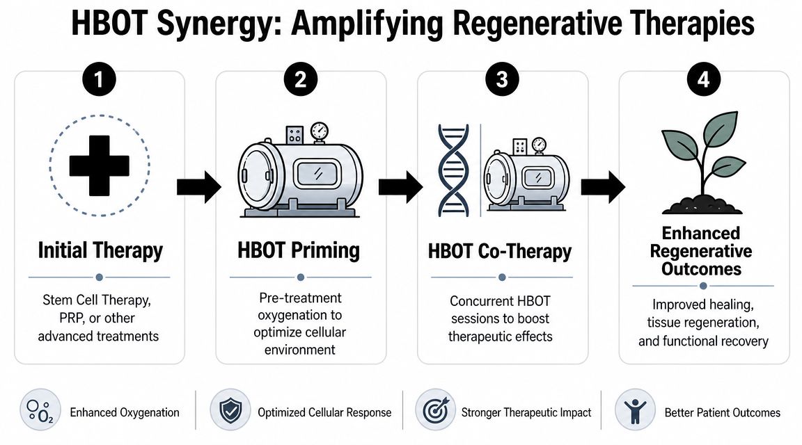 A four-step infographic showing how Hyperbaric Oxygen Therapy enhances regenerative therapies like stem cells and PRP.