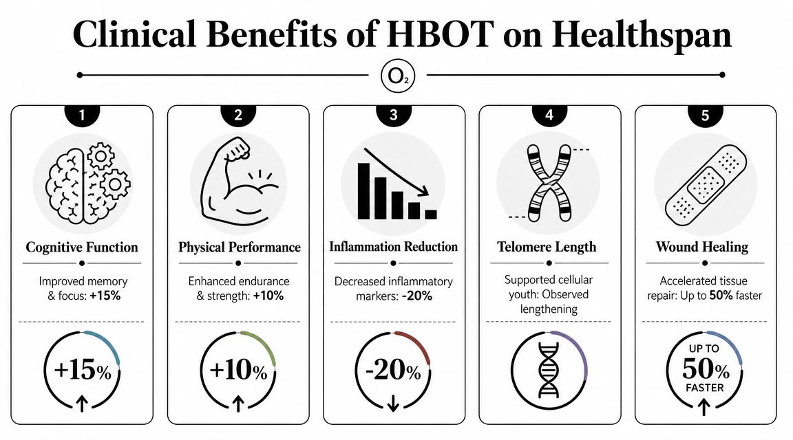 An infographic showing five clinical benefits of hyperbaric oxygen therapy for improving human health and longevity.