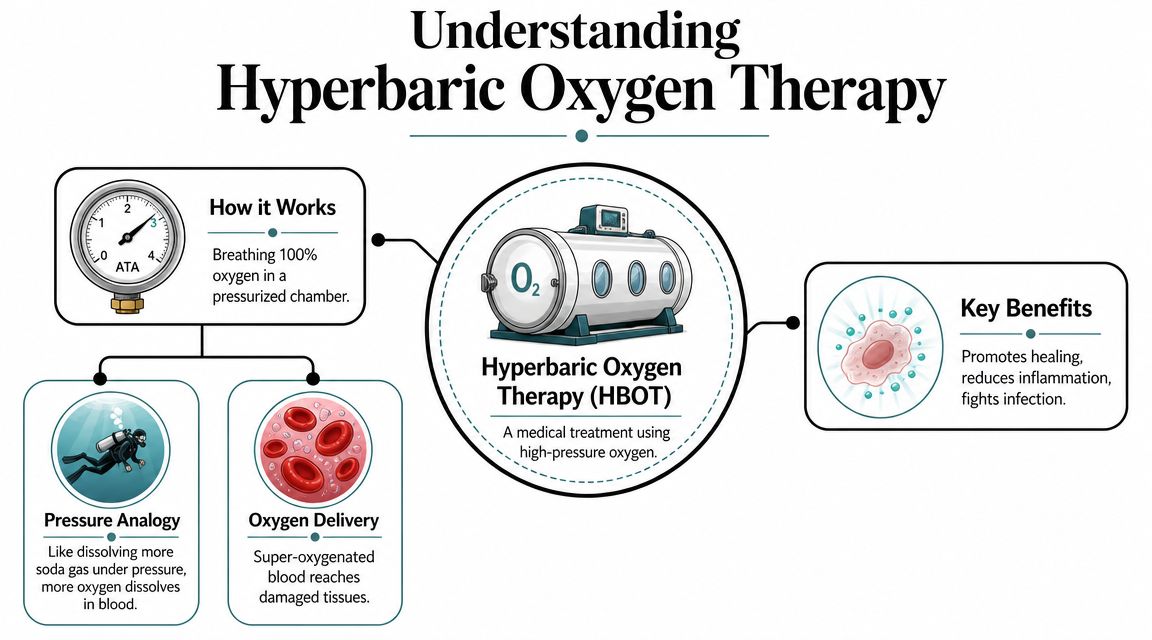 An infographic explaining hyperbaric oxygen therapy showing how it works, its benefits, and oxygen delivery mechanisms.