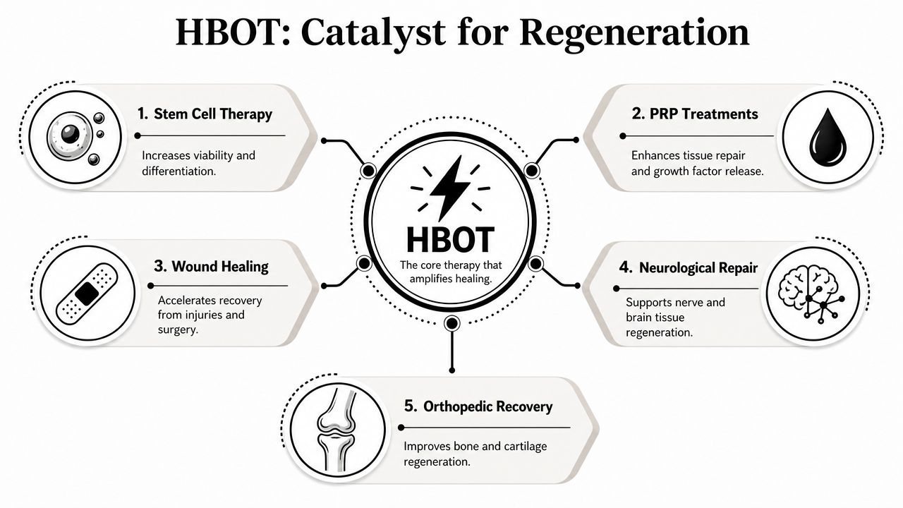 A diagram illustrating how Hyperbaric Oxygen Therapy acts as a catalyst for five different regenerative medical treatments.