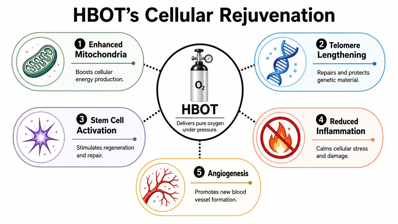A diagram illustrating the five benefits of Hyperbaric Oxygen Therapy for cellular rejuvenation and wellness.