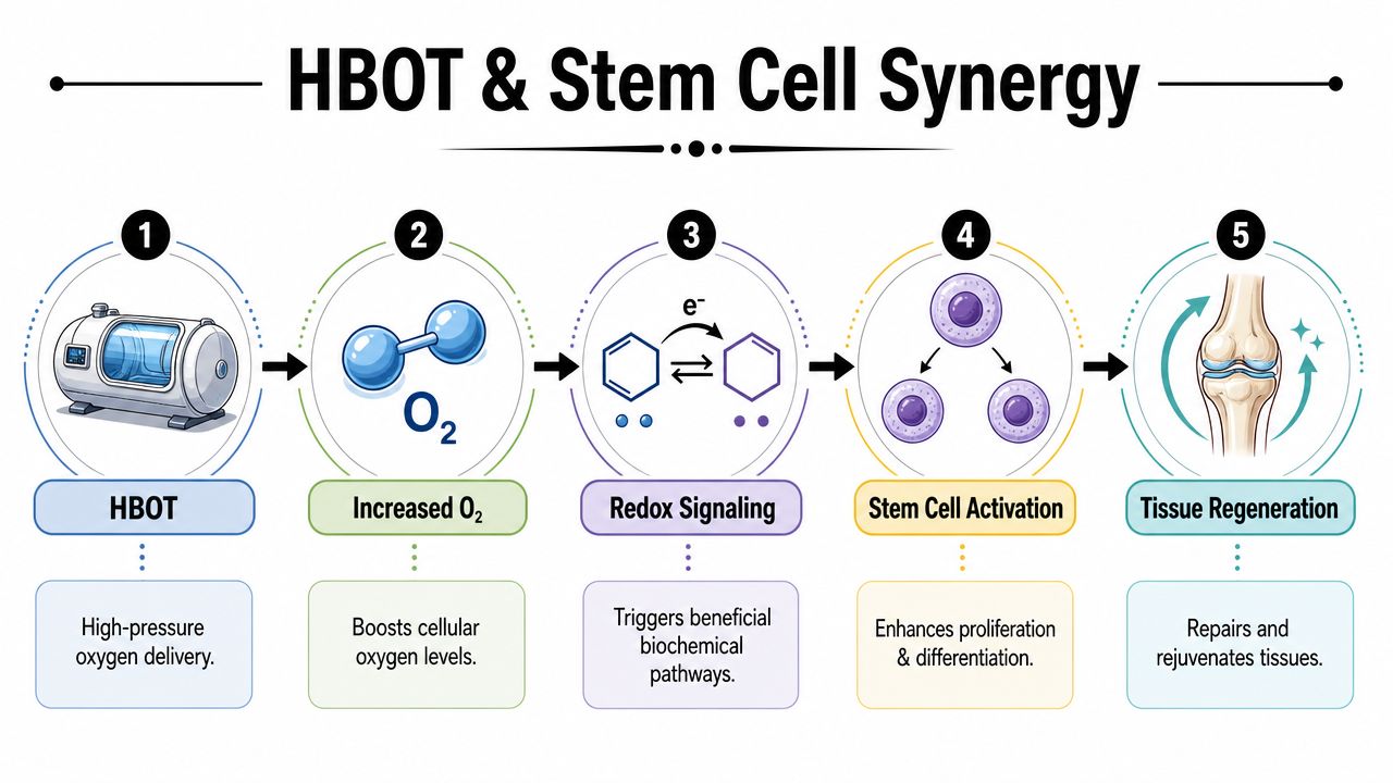 A five-step infographic showing how Hyperbaric Oxygen Therapy leads to stem cell activation and tissue regeneration.