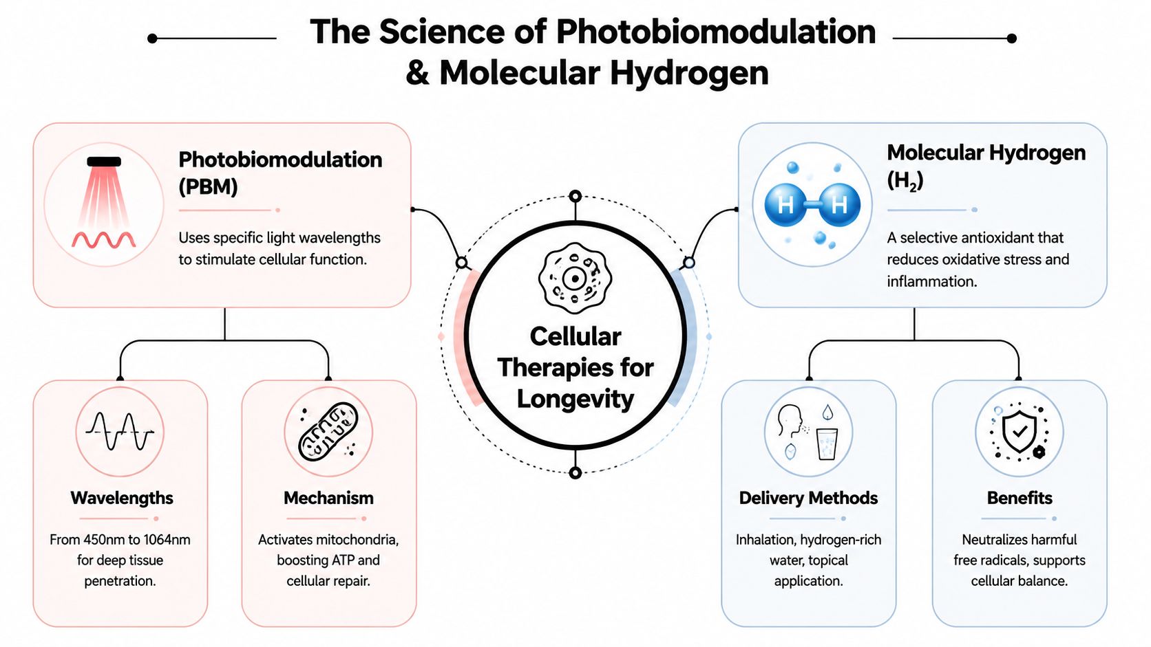 A diagram comparing photobiomodulation therapy and molecular hydrogen as cellular therapies for promoting health and longevity.