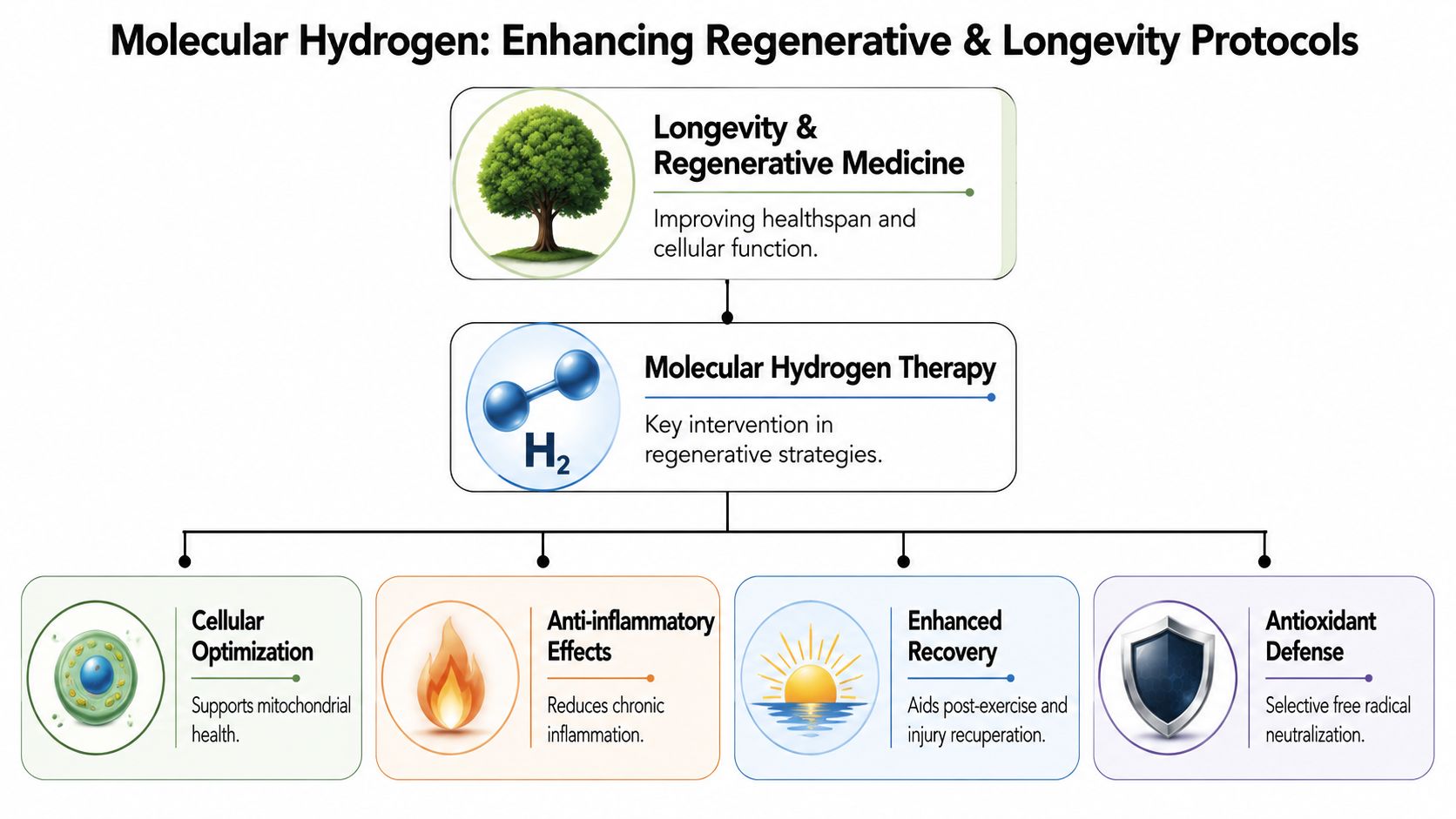 A diagram illustrating the benefits of molecular hydrogen therapy for longevity, regenerative medicine, and cellular health optimization.