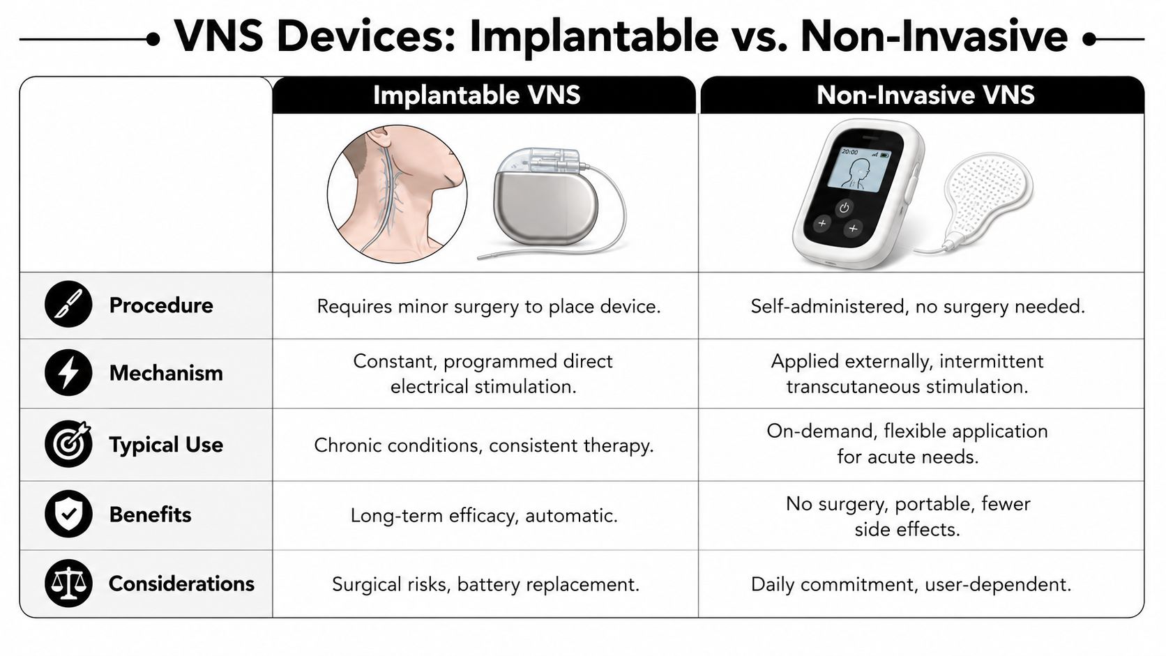 A comparison chart outlining the key differences between implantable and non-invasive Vagus Nerve Stimulation (VNS) devices.