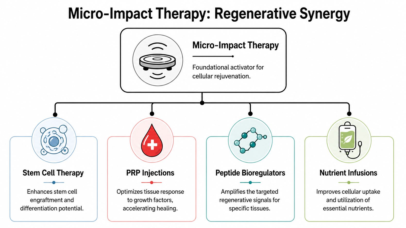 A diagram illustrating Micro-Impact Therapy and its synergistic relationship with stem cells, PRP, peptides, and nutrients.