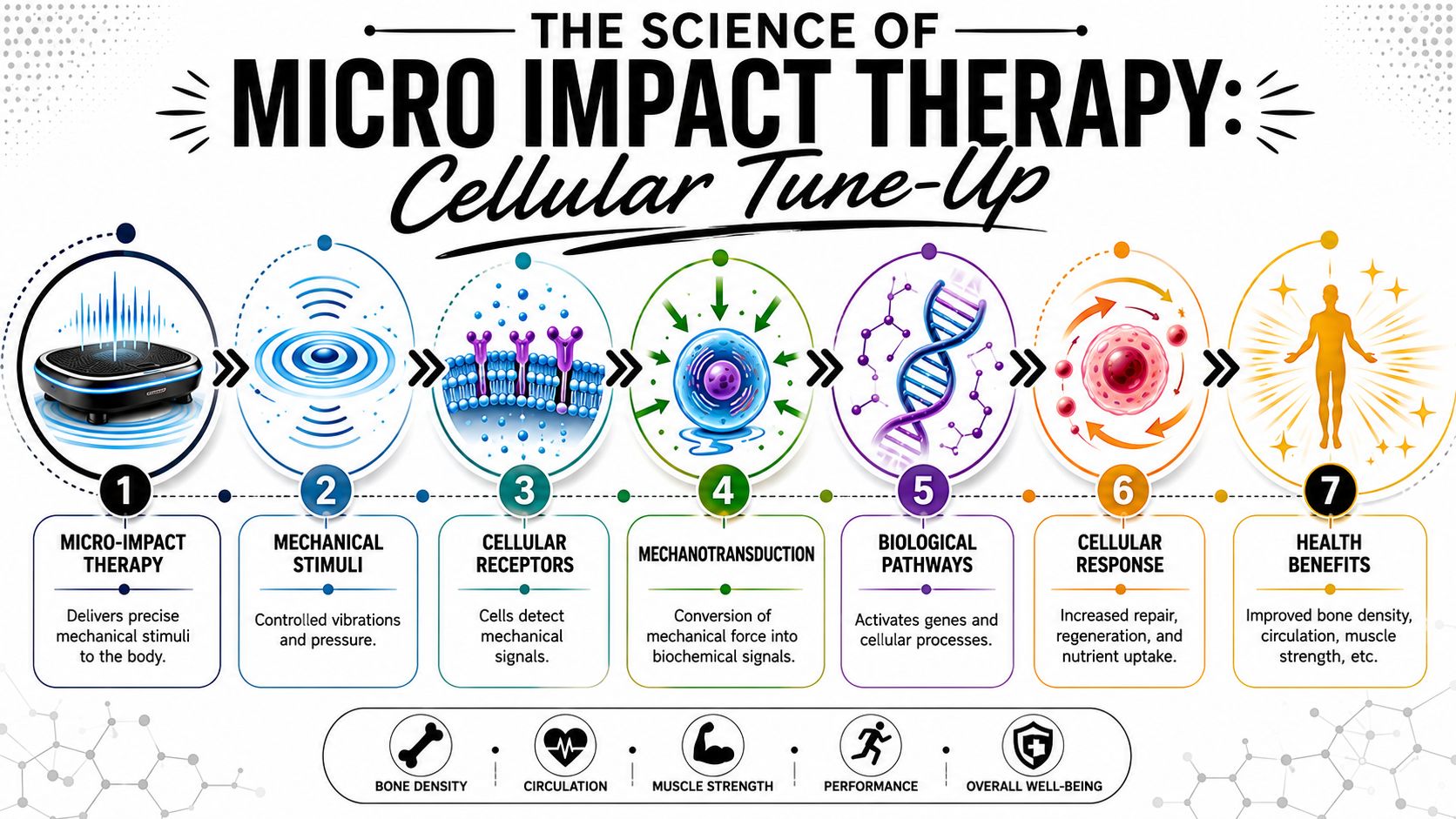 A diagram illustrating the seven-step science behind how micro-impact therapy plates work on human cells.